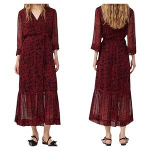 Ganni Georgette Floral Wrap Midi Dress Red Black Size 36 US 4 NWT